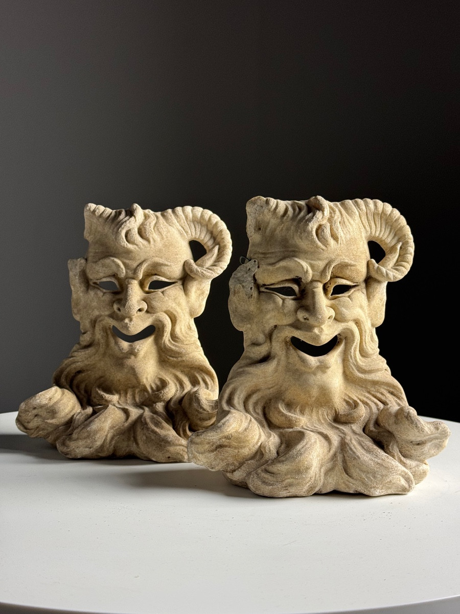 Hand-carved Marble Satyr Masks From Italy