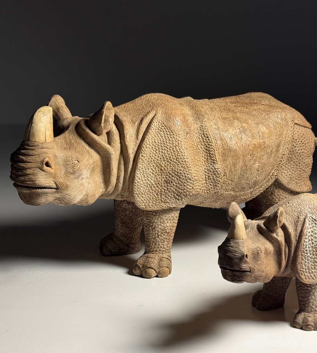 Large-scale, Hand-carved Rhinoceros Sculptures, 1960