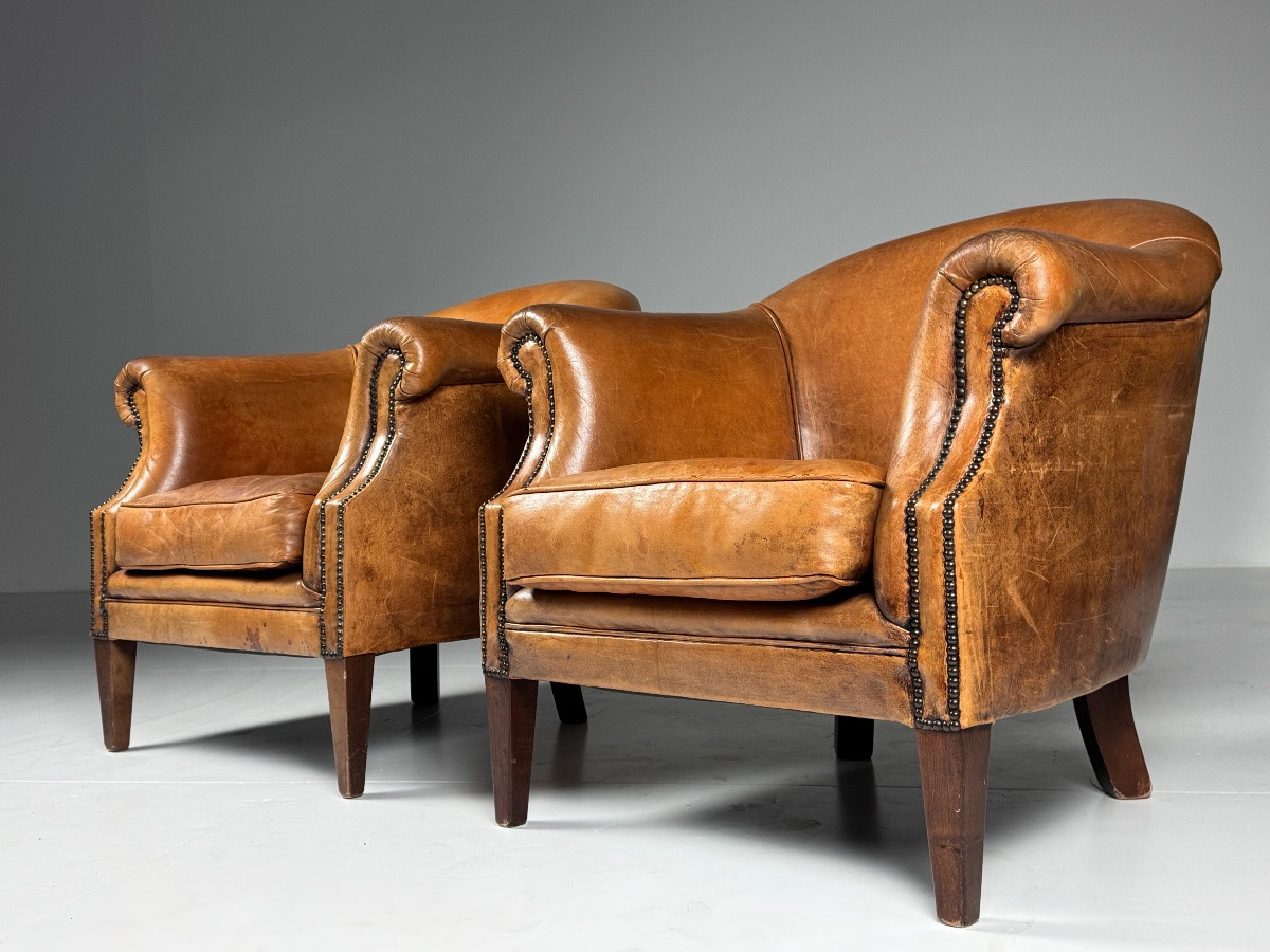 Set Of 2 Sheepskin Leather Club Chairs-photo-2