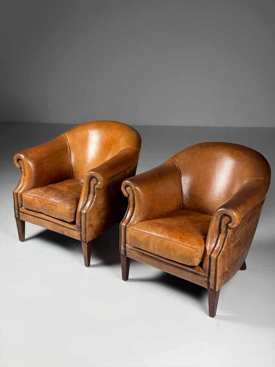 Set Of 2 Sheepskin Leather Club Chairs-photo-1