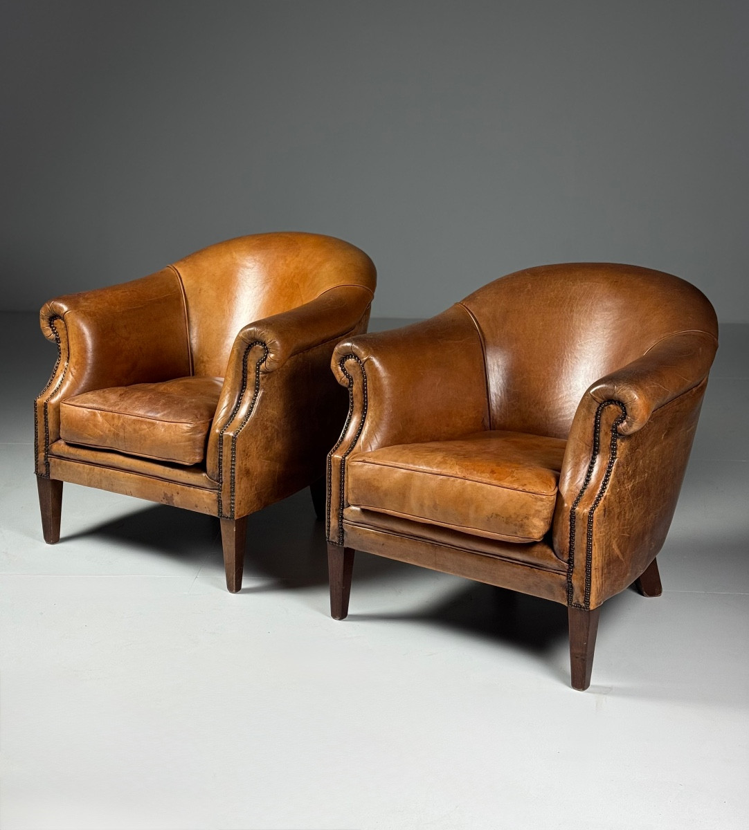 Set Of 2 Sheepskin Leather Club Chairs