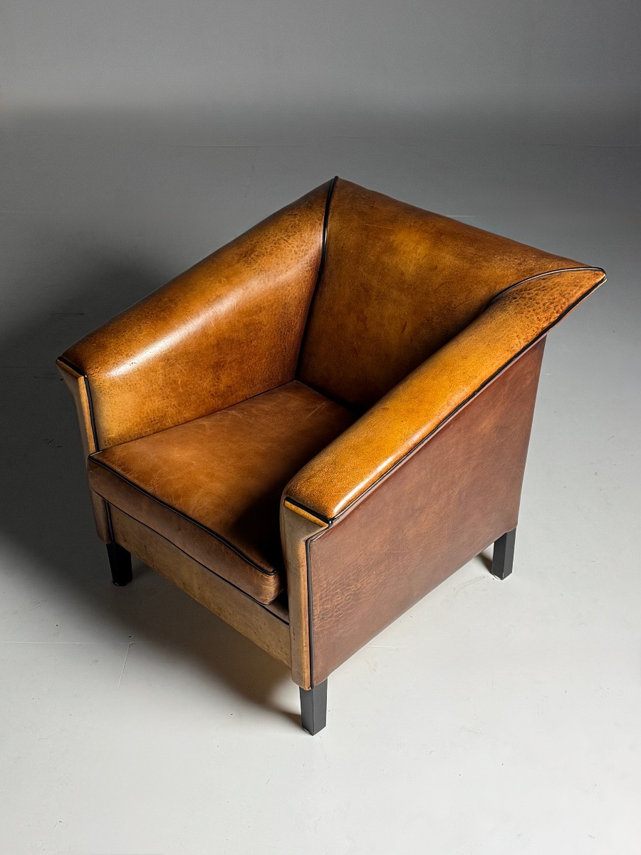 Set Of 2 Art Deco Sheepskin Leather Club Chairs-photo-4