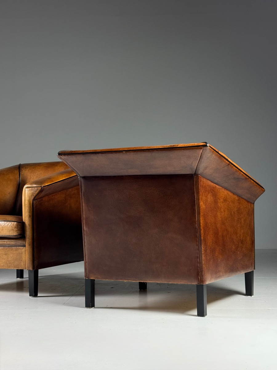 Set Of 2 Art Deco Sheepskin Leather Club Chairs-photo-1