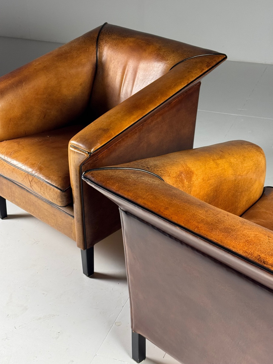 Set Of 2 Art Deco Sheepskin Leather Club Chairs-photo-2