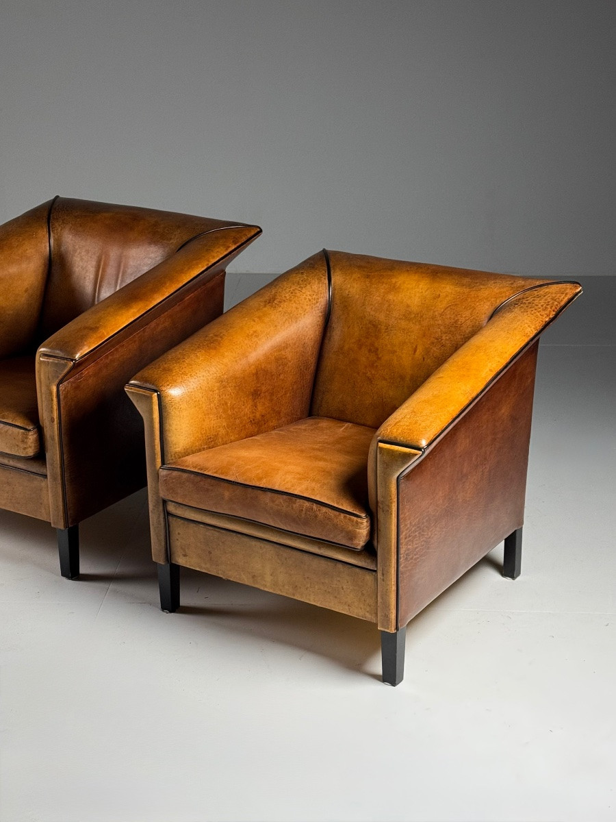 Set Of 2 Art Deco Sheepskin Leather Club Chairs-photo-3