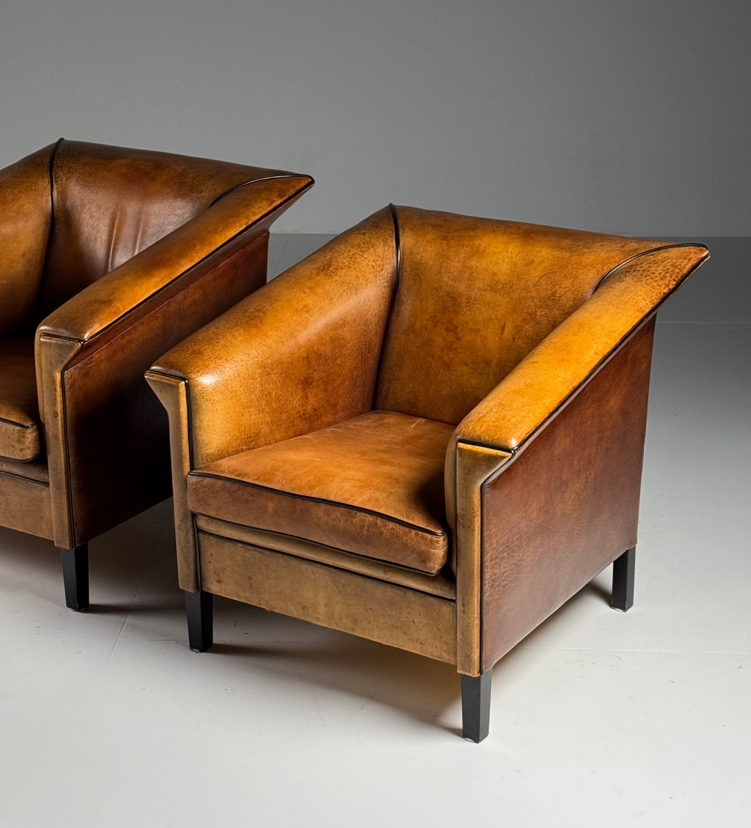 Set Of 2 Art Deco Sheepskin Leather Club Chairs