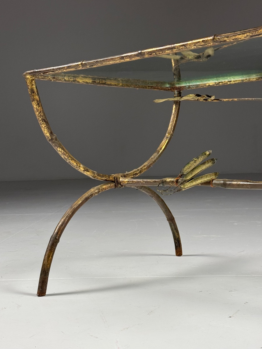 Table basse en faux bambou, métal et verre-photo-2