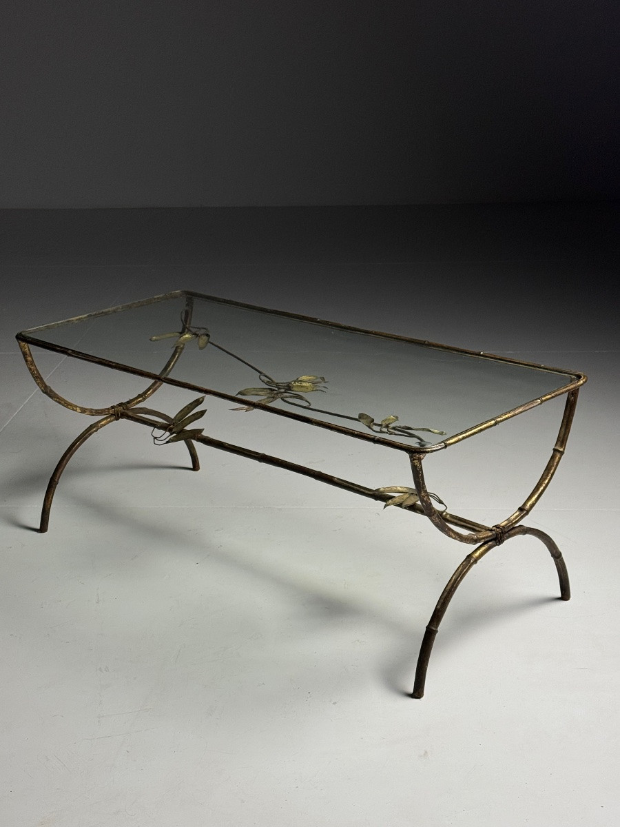 Table basse en faux bambou, métal et verre-photo-3