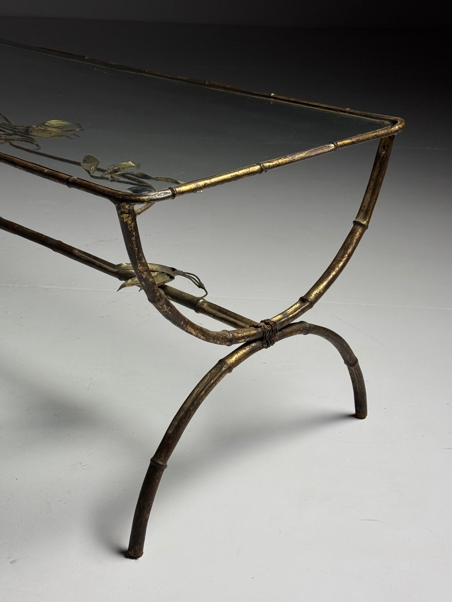 Table basse en faux bambou, métal et verre-photo-5