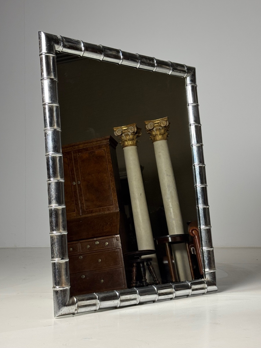 Grand miroir en faux bambou chromé-photo-2