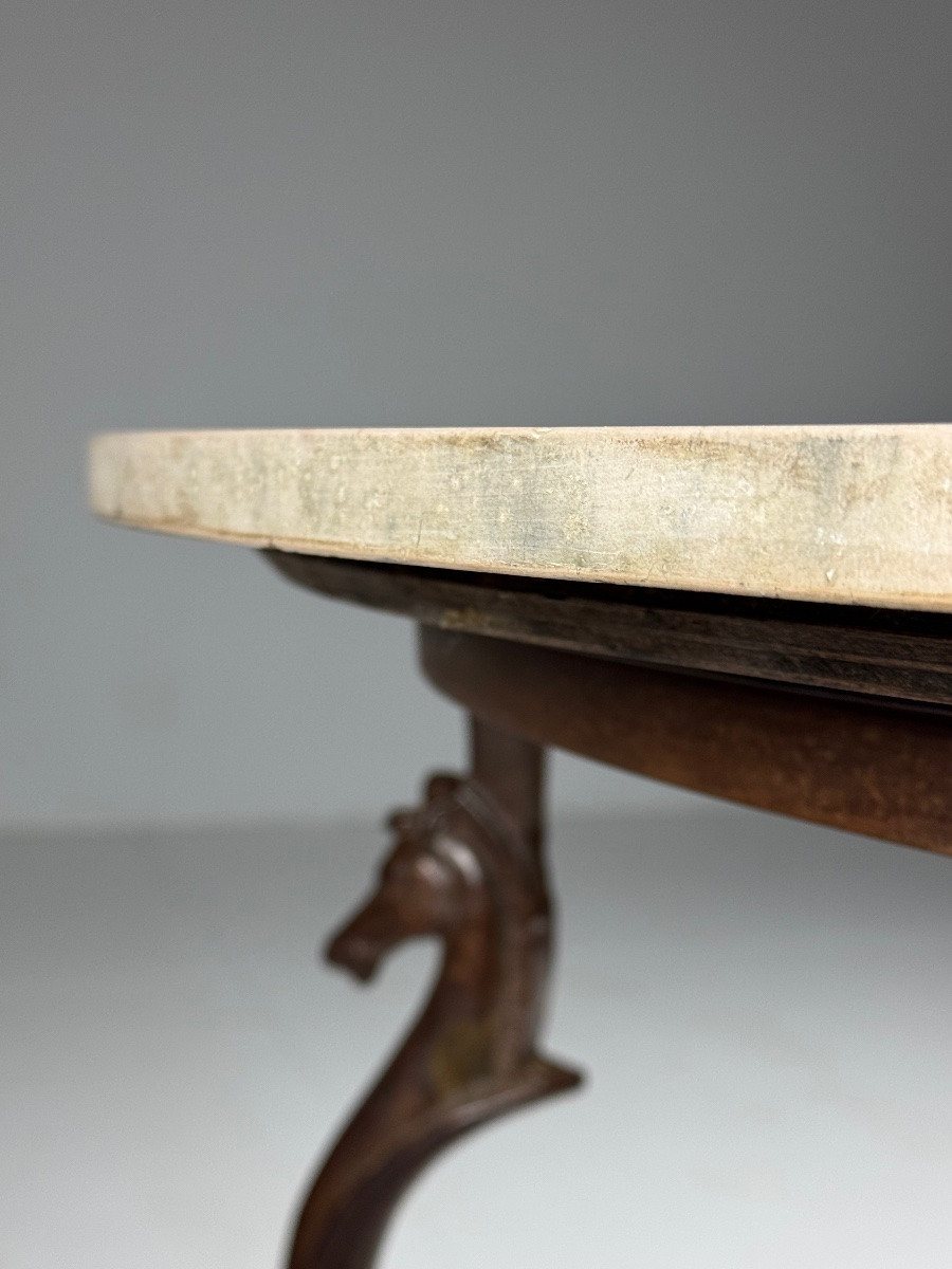 Table à manger vintage avec plateau en marbre et hippocampes-photo-6