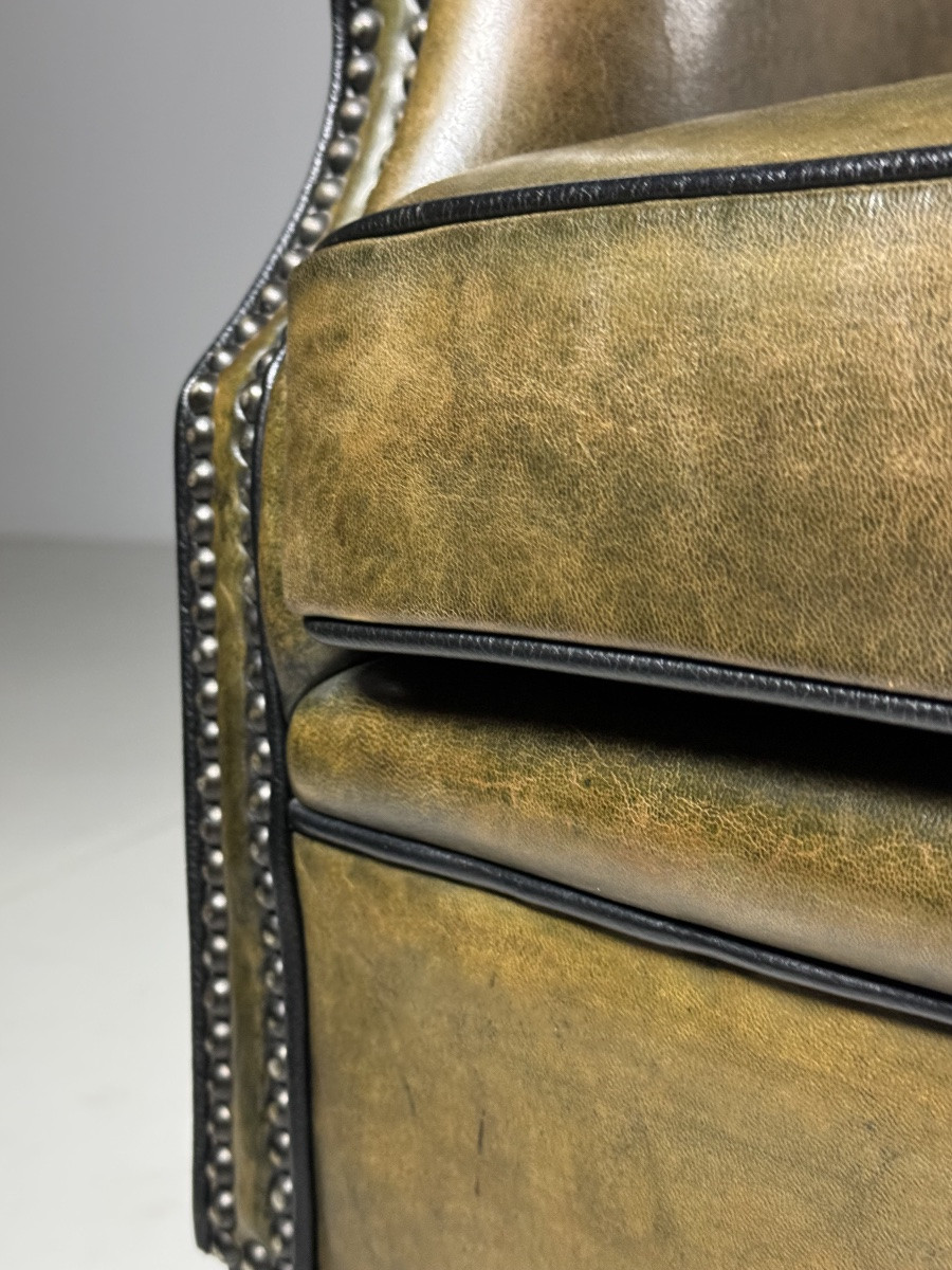 Fauteuil club en cuir de mouton vert-photo-4