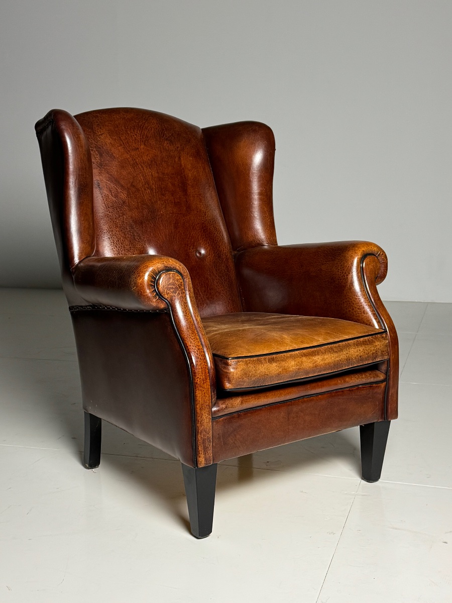 Fauteuil à oreilles en cuir de mouton-photo-3