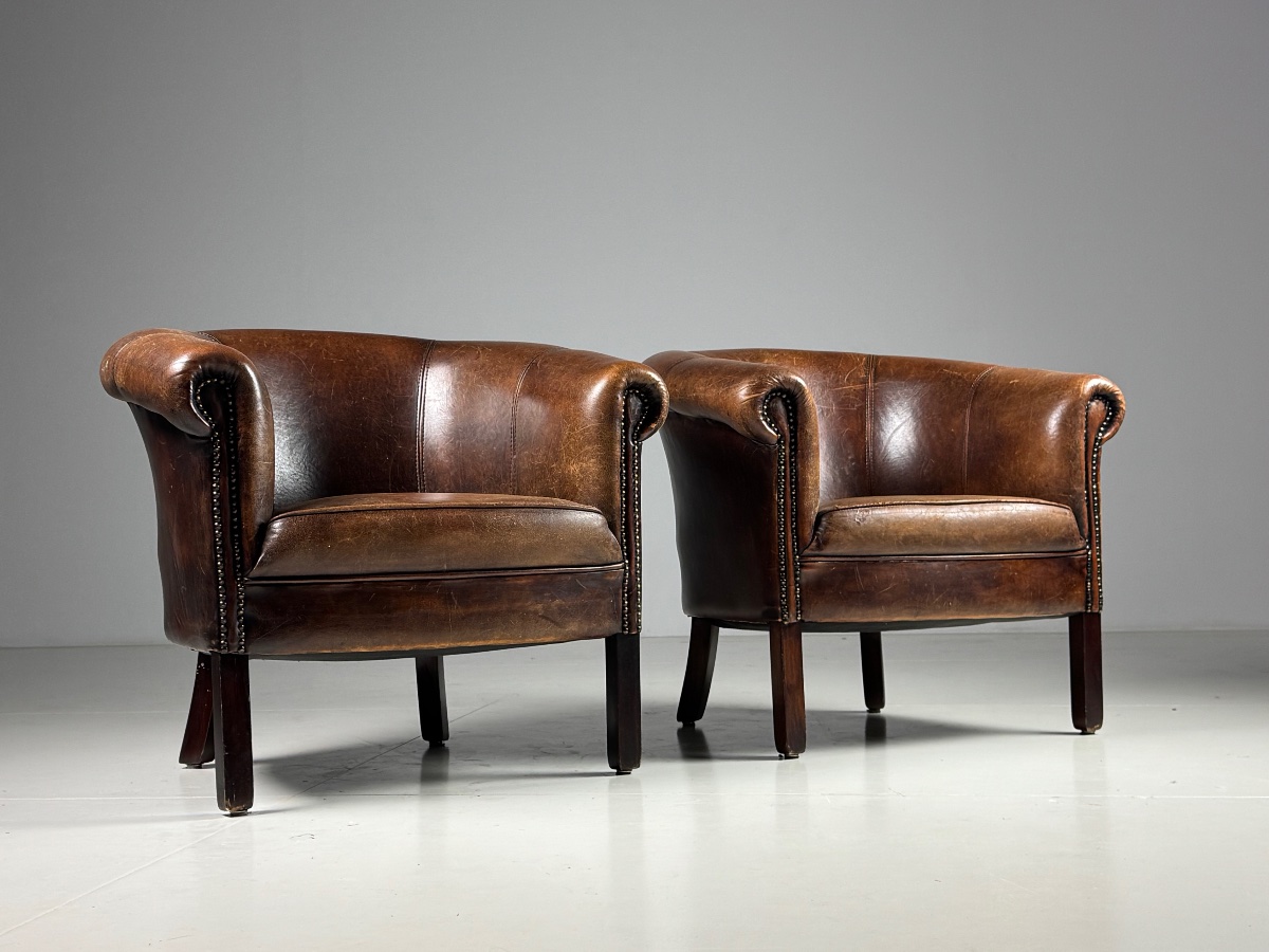 Set Of 2 Sheepskin Leather Club Chairs-photo-2
