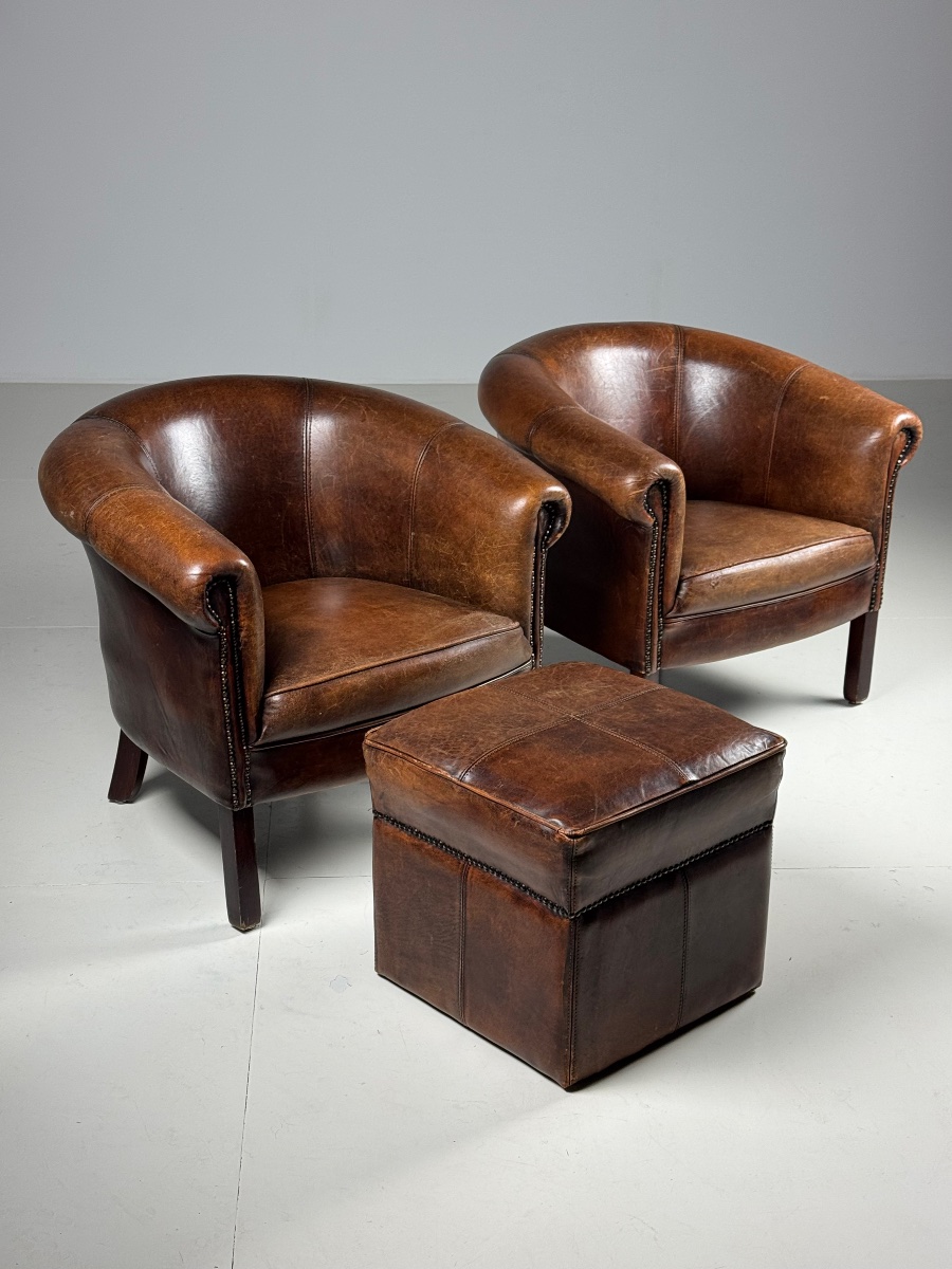 Set Of 2 Sheepskin Leather Club Chairs-photo-4