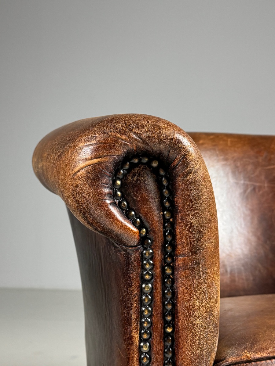 Set Of 2 Sheepskin Leather Club Chairs-photo-5