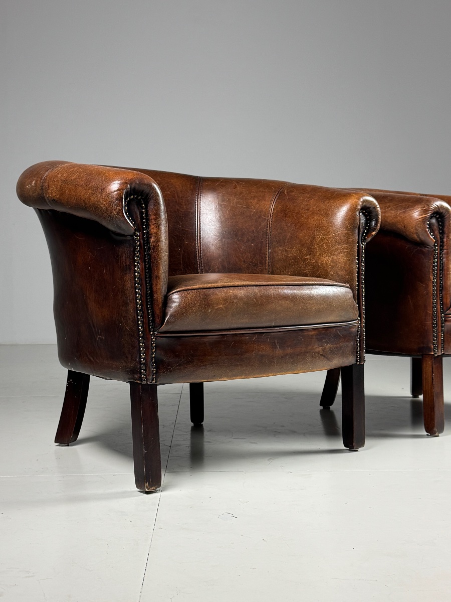 Set Of 2 Sheepskin Leather Club Chairs-photo-6