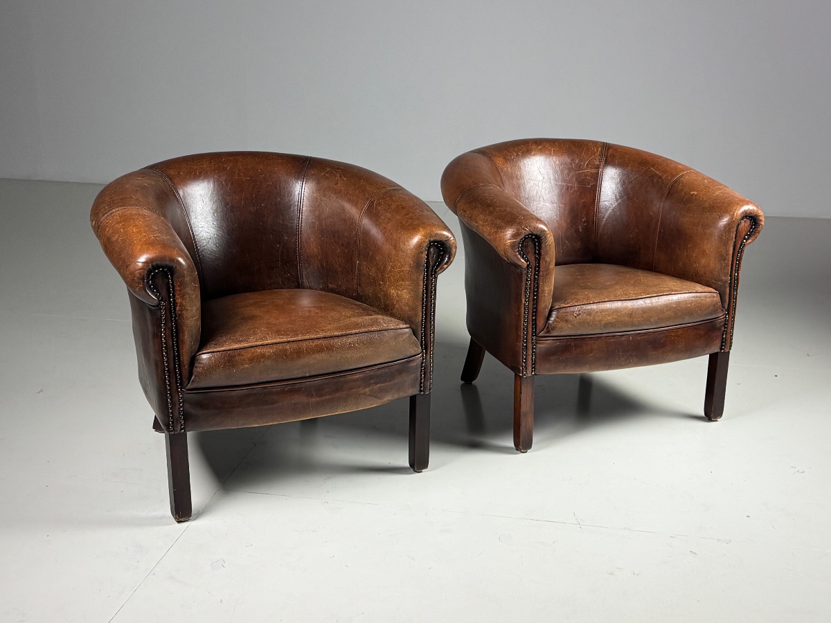 Set Of 2 Sheepskin Leather Club Chairs