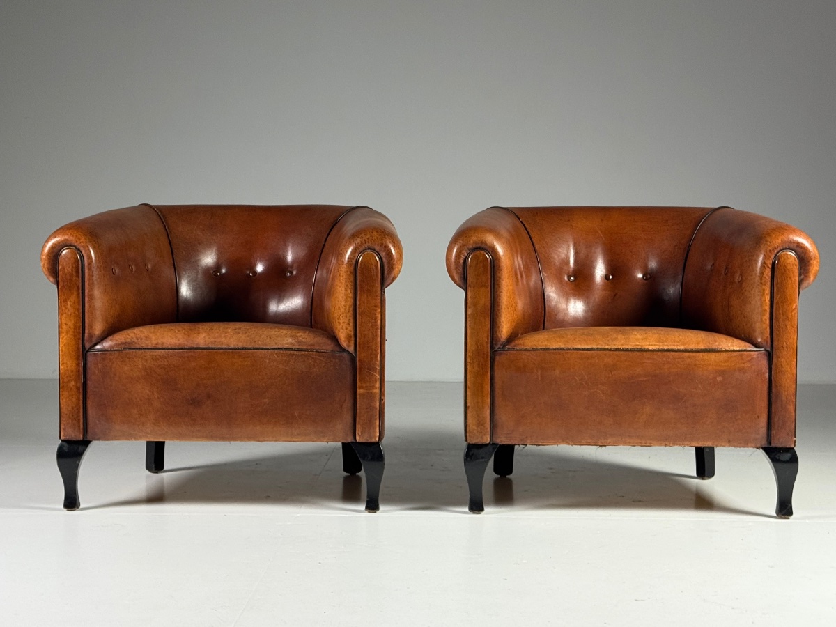 Lot de 2 fauteuils club en cuir de mouton néerlandais-photo-2