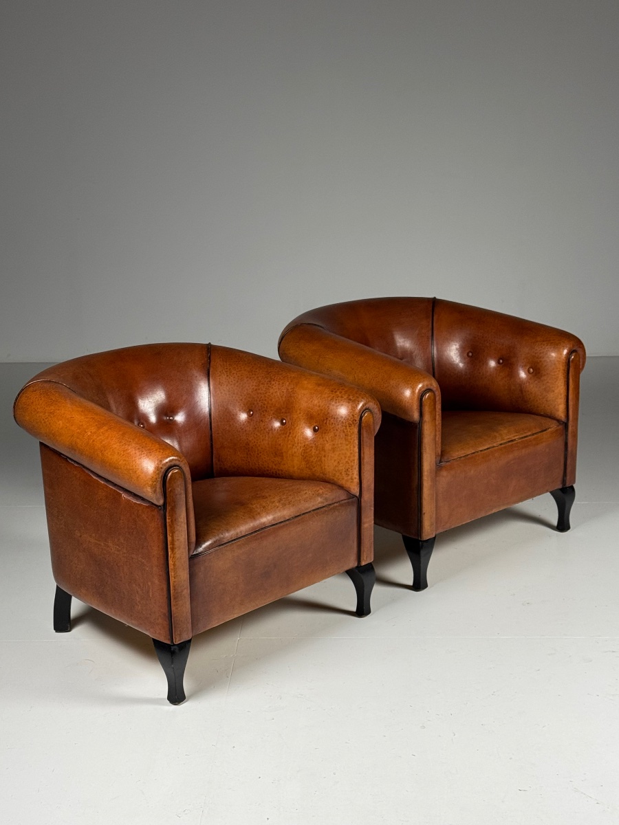 Lot de 2 fauteuils club en cuir de mouton néerlandais-photo-4