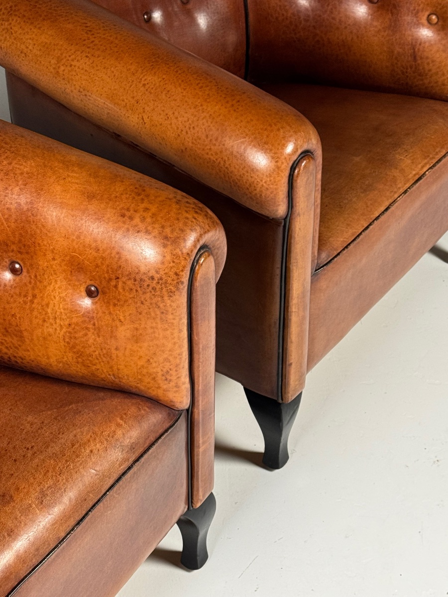 Lot de 2 fauteuils club en cuir de mouton néerlandais-photo-7