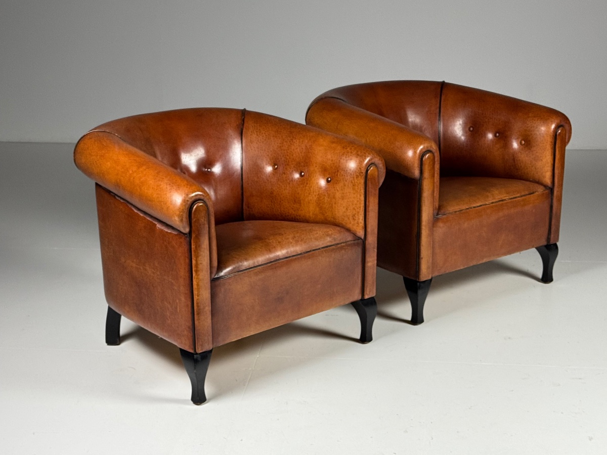 Lot de 2 fauteuils club en cuir de mouton néerlandais