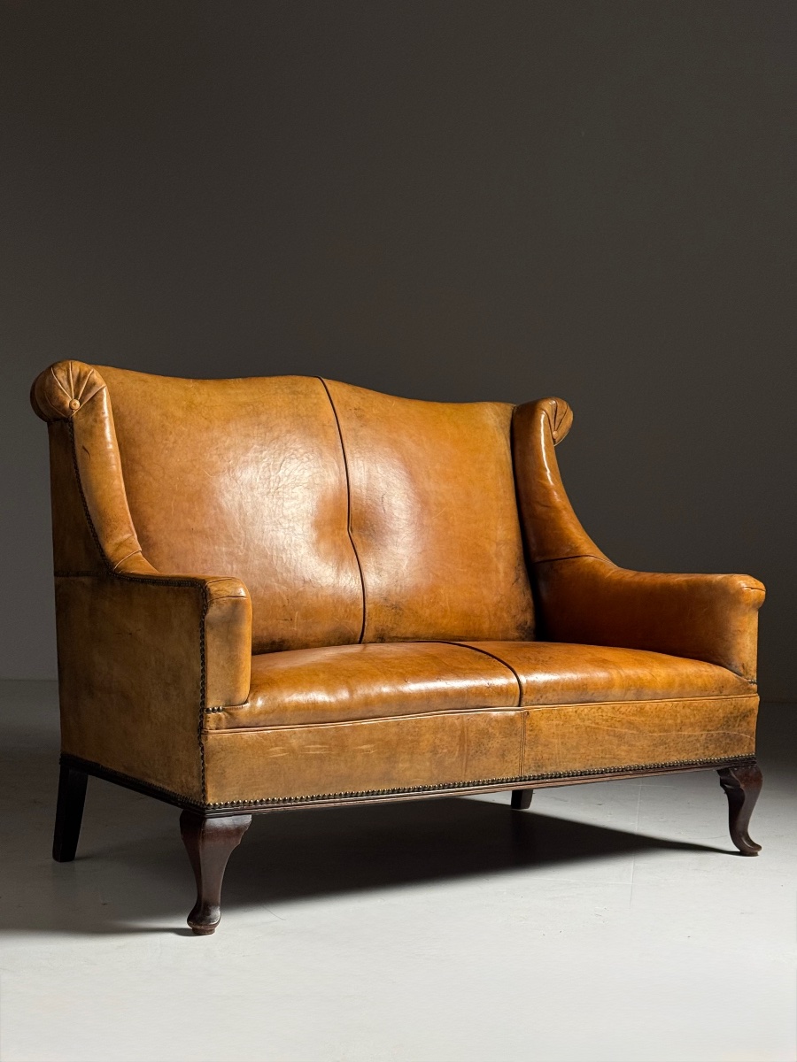 Small Sheepskin Leather Bench, Mid-20th Century