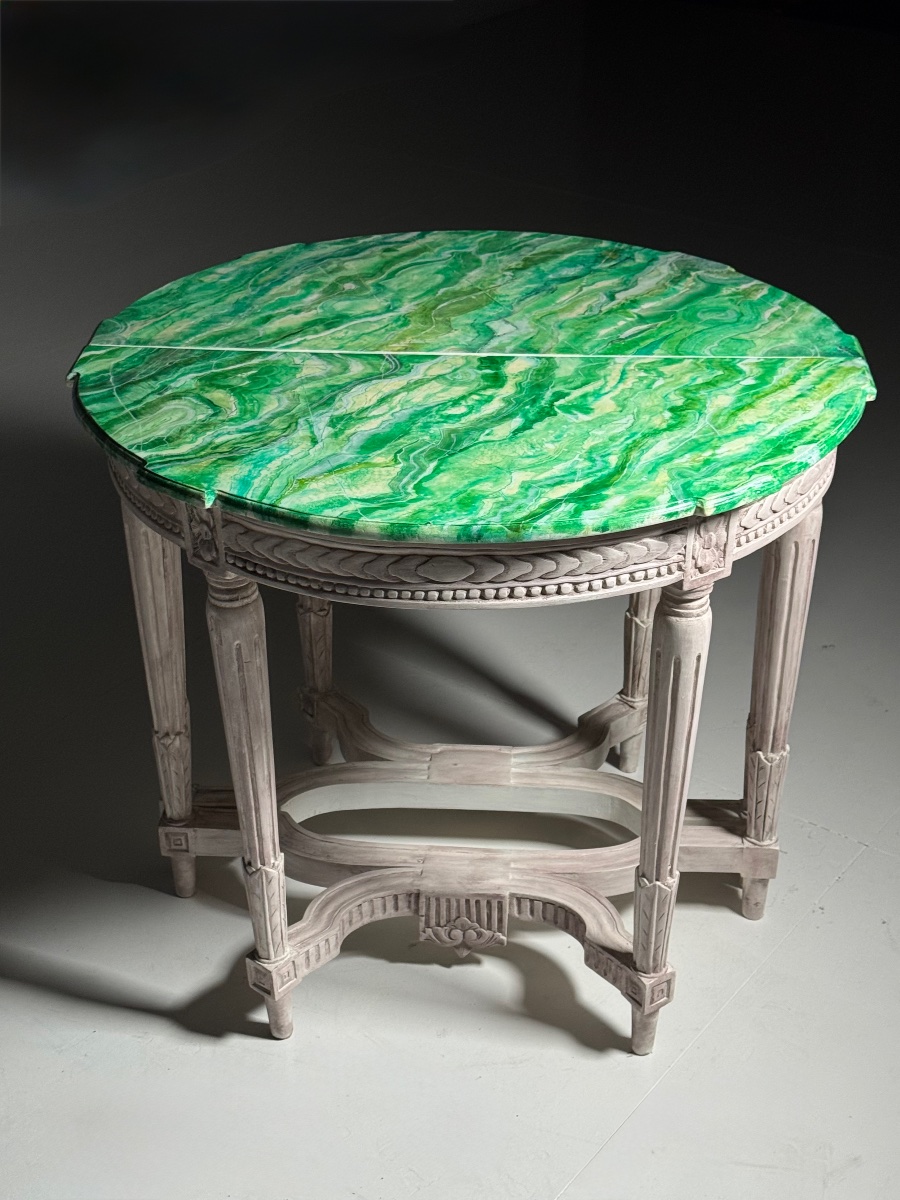 Lot de 2 consoles de style Louis XVI avec plateau en faux malachite-photo-2