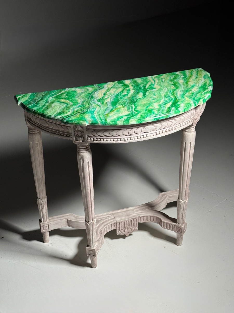 Lot de 2 consoles de style Louis XVI avec plateau en faux malachite-photo-3