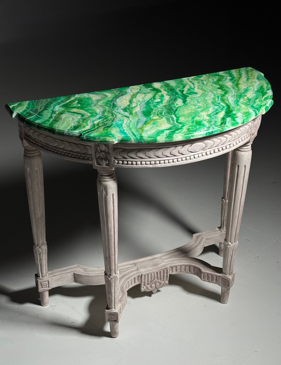 Lot de 2 consoles de style Louis XVI avec plateau en faux malachite-photo-2