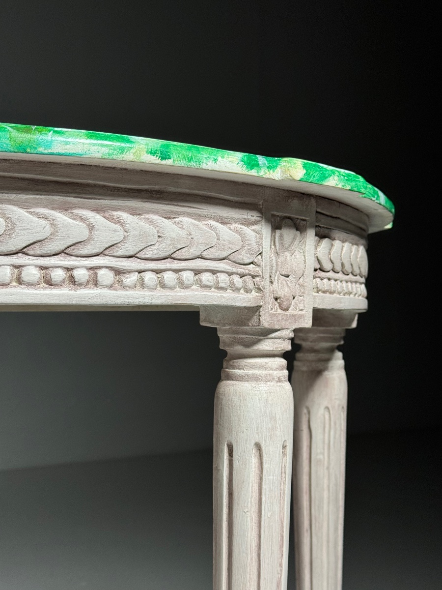 Lot de 2 consoles de style Louis XVI avec plateau en faux malachite-photo-3