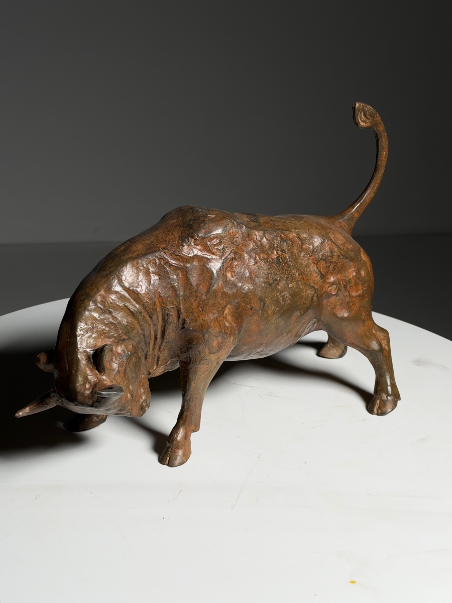 Bronze Statue By P. Chenet Depicting A Bull-photo-3