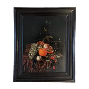 “Jan Mortel (attr.) Nature morte hollandaise avec fruits, vin et verre vénitien".
