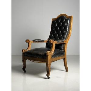 Chaise De Bibliothèque Française En Cuir Noir