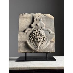 Fragment Of Hand-carved Stone From The 18th Century: Medusa