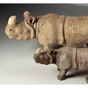 Hand-carved Rhinoceros Statues, 1960 (134cm)