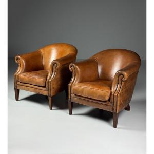Set Of 2 Sheepskin Leather Club Chairs