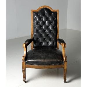 French Library Chair In Black Leather