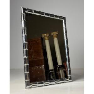 Grand miroir en faux bambou chromé