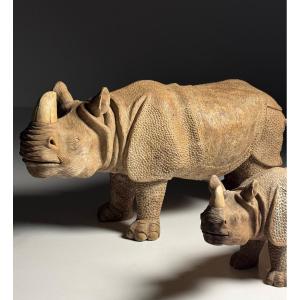 Statues de rhinocéros sculptées à la main 1960 (134cm)