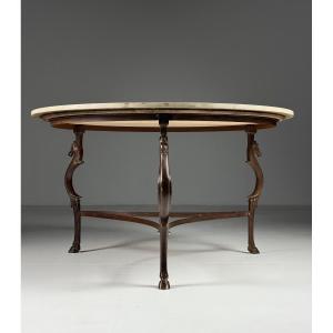 Table à manger vintage avec plateau en marbre et hippocampes