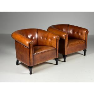 Set Of 2 Club Chairs Made Of Dutch Sheepskin Leather