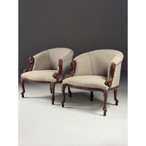 Set Of 2 Napoleon III-style Rope-upholstered Armchairs