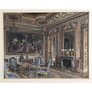 Salon dans un château français pastel signé