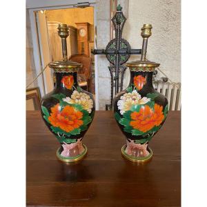 Pair Of Cloisonne Enamel Lamps