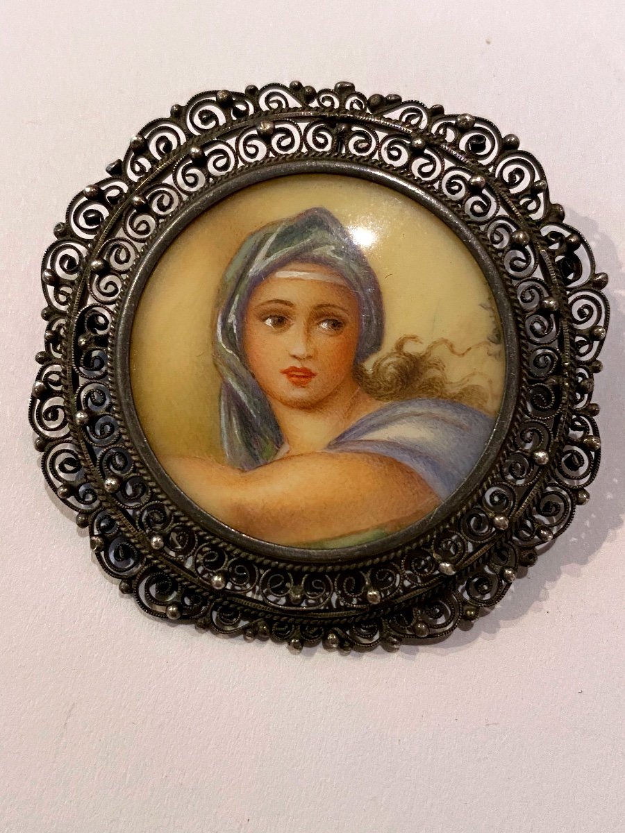 Antique Silver Pendant Brooch With Painted Miniature Antique Jewelry Signed