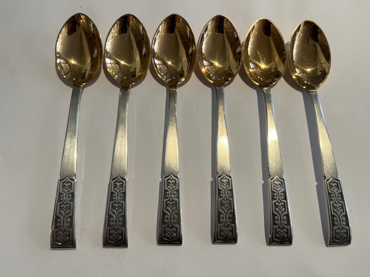 Russian Vermeille Solid Silver Dessert Spoons 