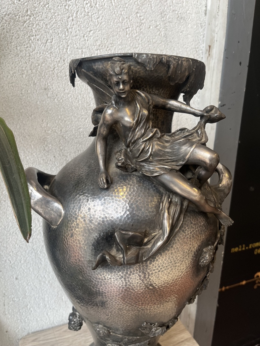 Art nouveau rare vase fée ange étain argenté chardon-photo-3