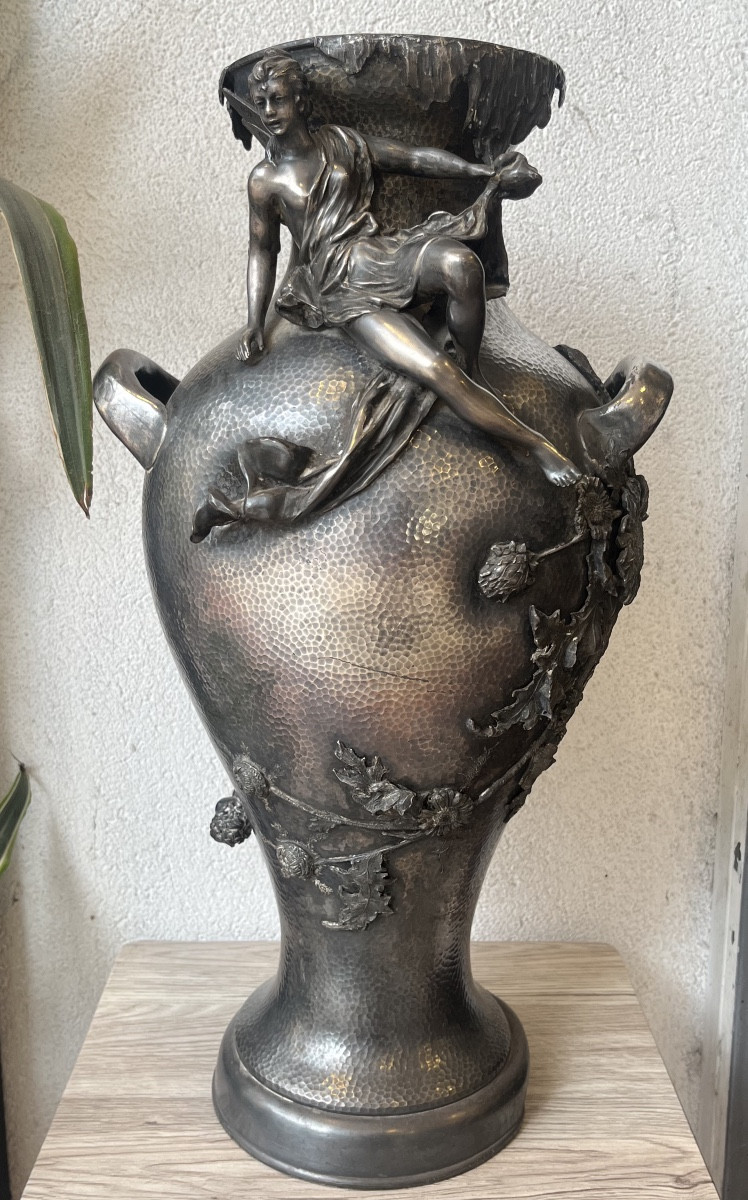 Art nouveau rare vase fée ange étain argenté chardon