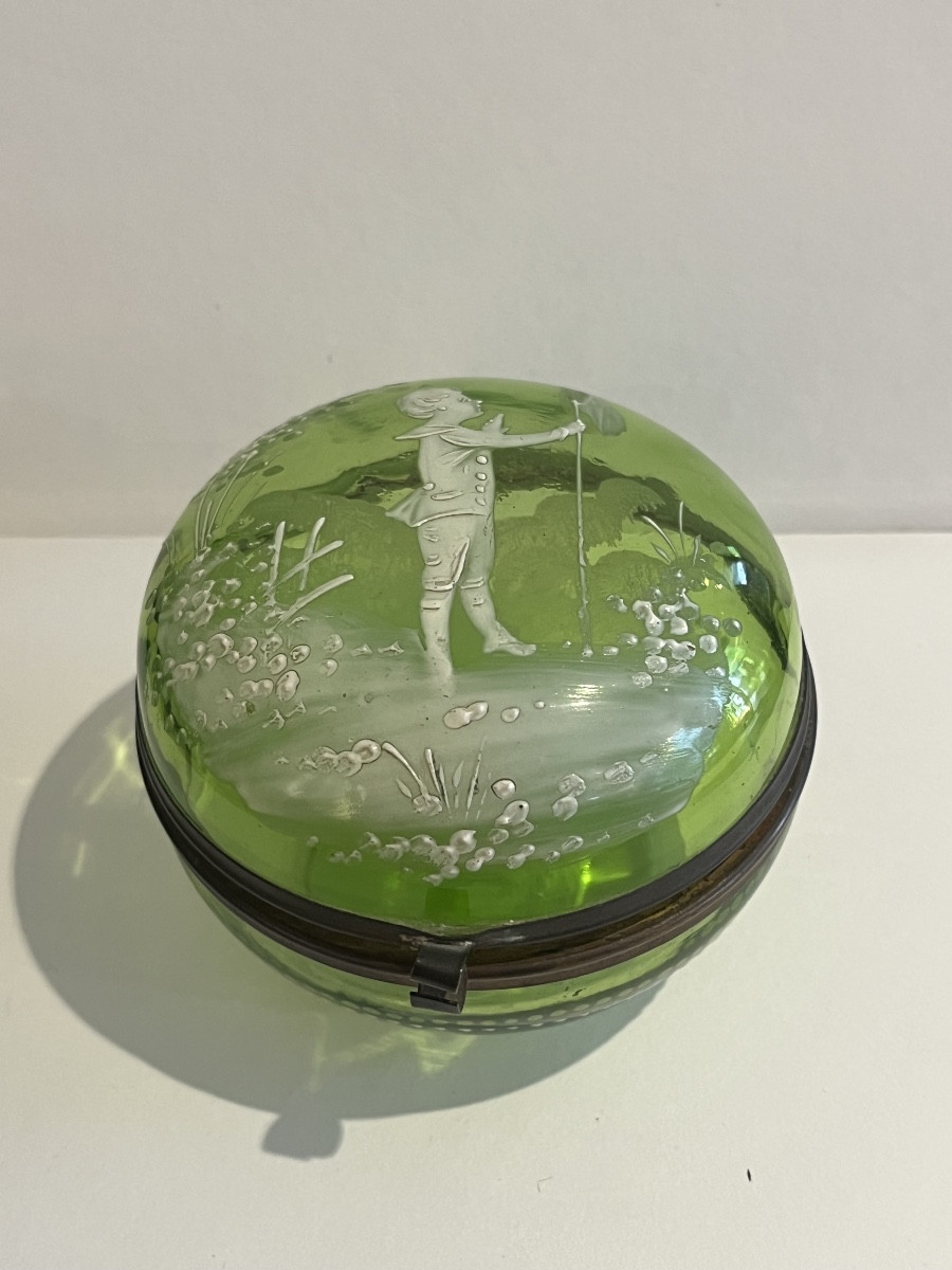Ancienne boîte bijoux verre émaillé XIX e Mary Gregory 